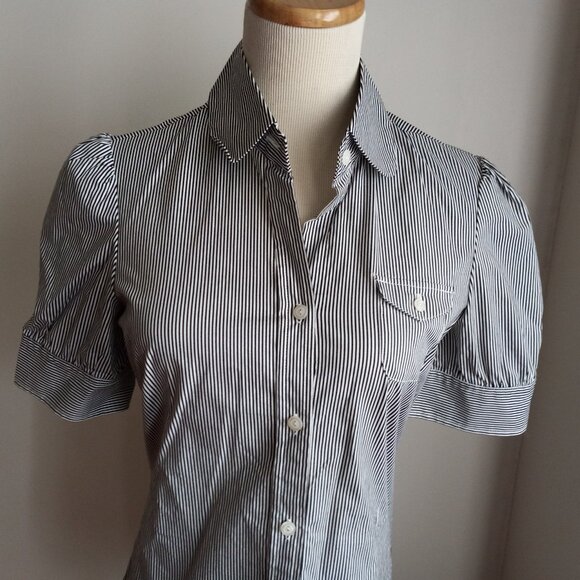 AT LAST BLACK WHITE STRIPED COTTON BLOUSE NWOT M - Picture 4 of 5